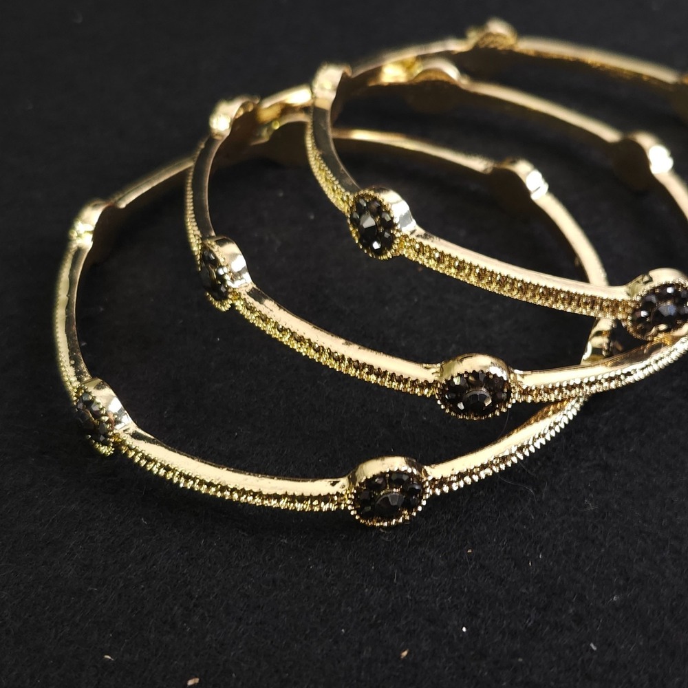 3x Black Faceted Stone Gold Tone Cuff Bangle Bracelets‎ Classic Elegant Classic